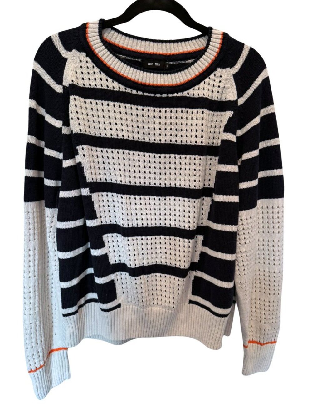 Saint + Sofia Cambridge Navy Cream Striped Open Knit Cotton Sweater XL